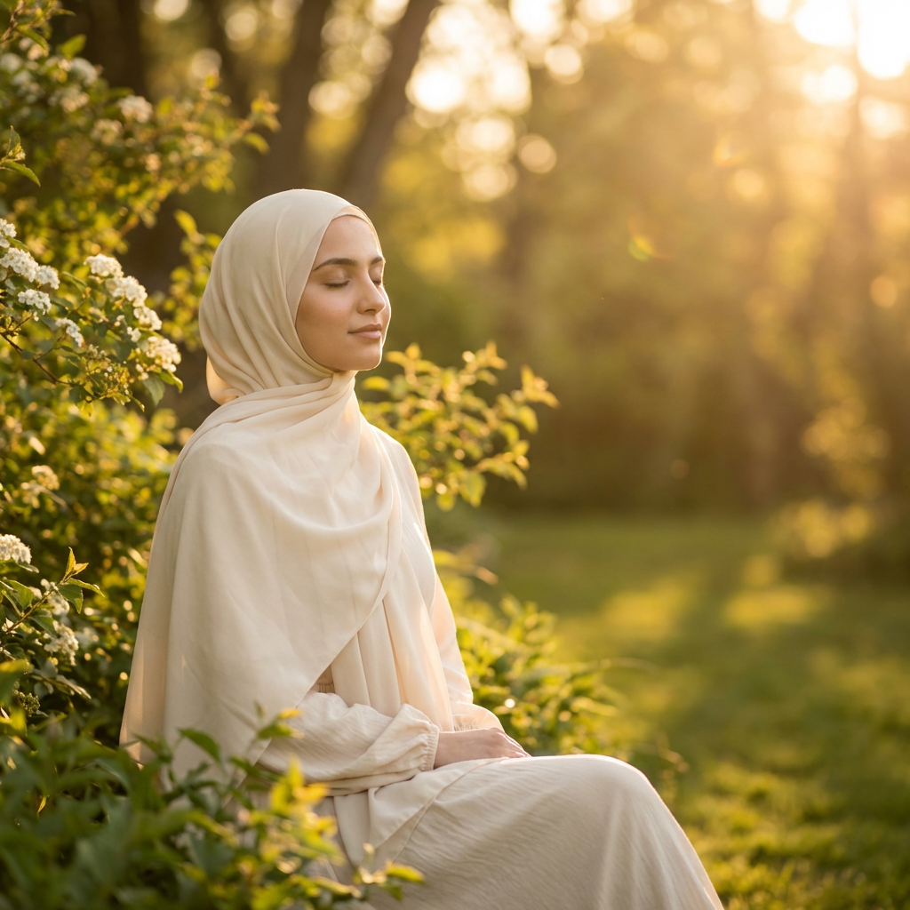 Muslim woman with hijab sitting peacefully in a sunlit garden