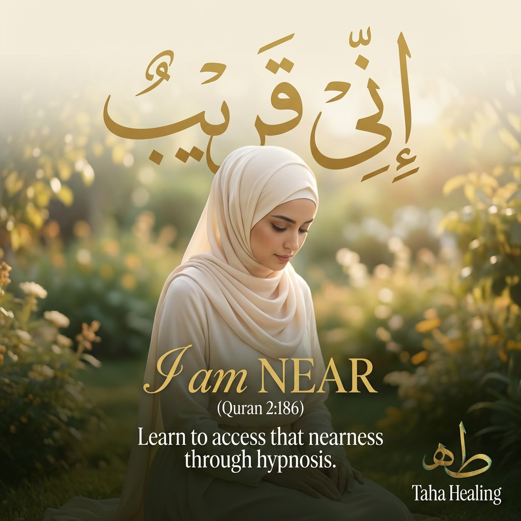 Muslim woman in a sunlit garden with the Quranic verse 'I am near' (Quran 2:186)