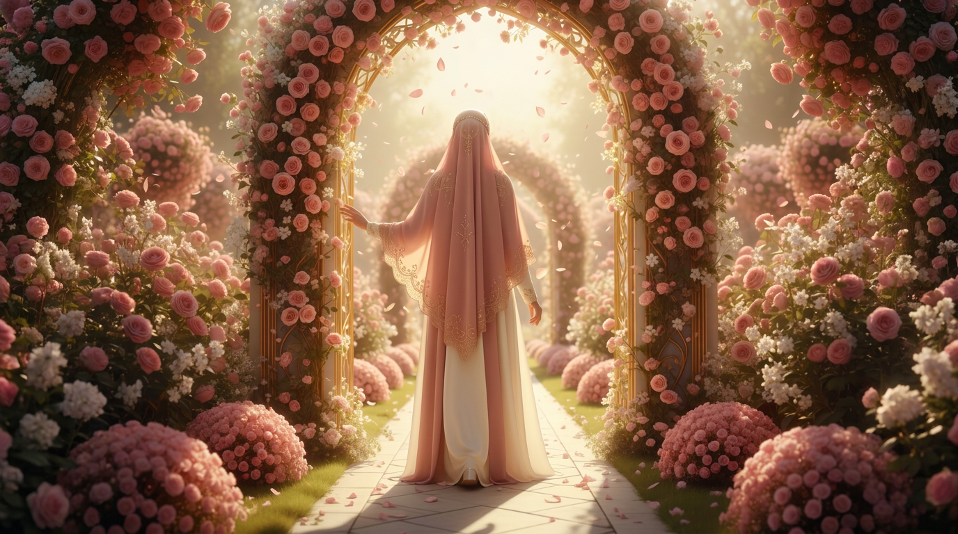 Muslim woman in a rose-covered archway — a quiet close to the HAYA journey