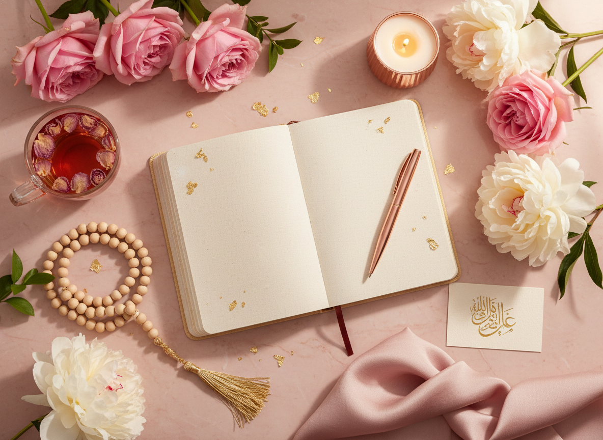 A serene flat lay with an open journal, prayer beads, tea, and flowers — what to expect in a HAYA session