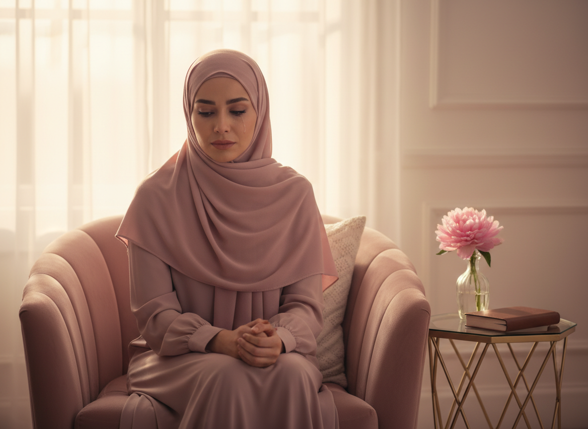 Muslim woman in a soft pink hijab sitting quietly, reflecting