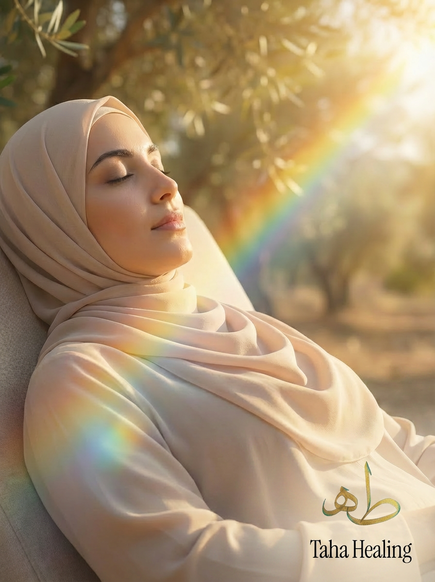 Muslim woman in hijab resting peacefully under olive trees in golden sunlight